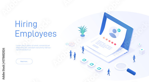 Hiring Employees landing page template. Approved resume on laptop screen. Can be used for web banners, infographics. Isometric modern vector illustration.