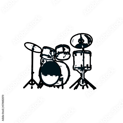 Black and white sketch of a drum musical instrument with transparent background