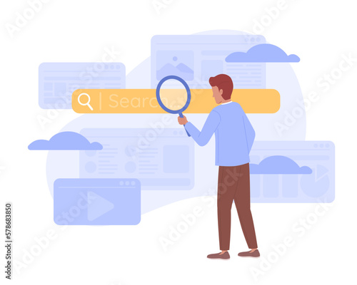 Using search engines effectively flat concept vector spot illustration. Editable 2D cartoon character on white for web design. Internet creative idea for website, mobile, magazine. Quicksand font used