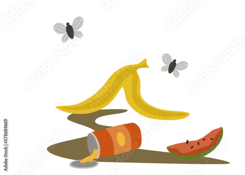 Garbage. Rotten food with flies. Rotten banana, watermelon, tin can and slop. Unsorted garbage in trash containers. Environmental disaster, garbage sorting. Vector cartoon Illustration. 
