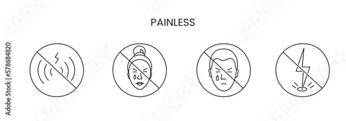 Painless set line icon in vector, illustration of a man and a woman with pain that is crossed out