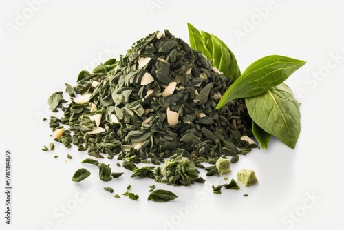 Seasoned basil chives. Green basil leaves, freshly chopped, against a white background. Raw, sliced basil or ocimum herbs with a fiery scent. A dash of basil. Generative AI