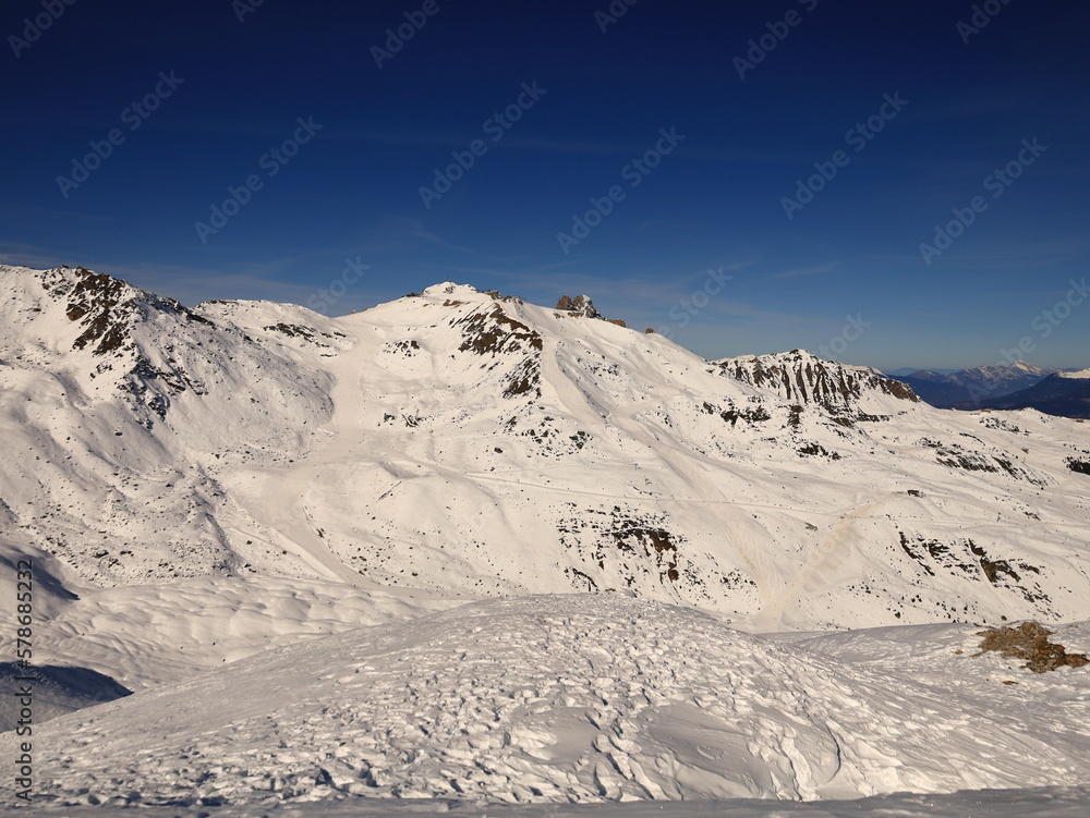 View on a mountain in the Three Valleys which is a ski region in the Tarentaise Valley in the Savoie department of Southeastern France