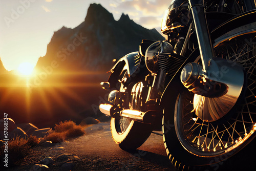Fototapete Mountain road with vintage motorcycle and sunset - Generative AI