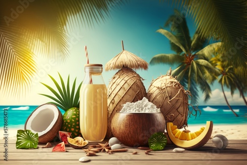 Coconut milk and fruit on wooden table with palm trees background. Generative AI