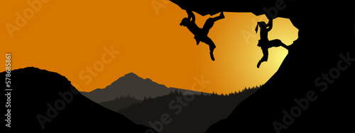 Climb background panorama illustration vector illustration for logo  - Silhouette of mountains forest woods in the sunrise morning and woman climbing on rock , mountain landscape