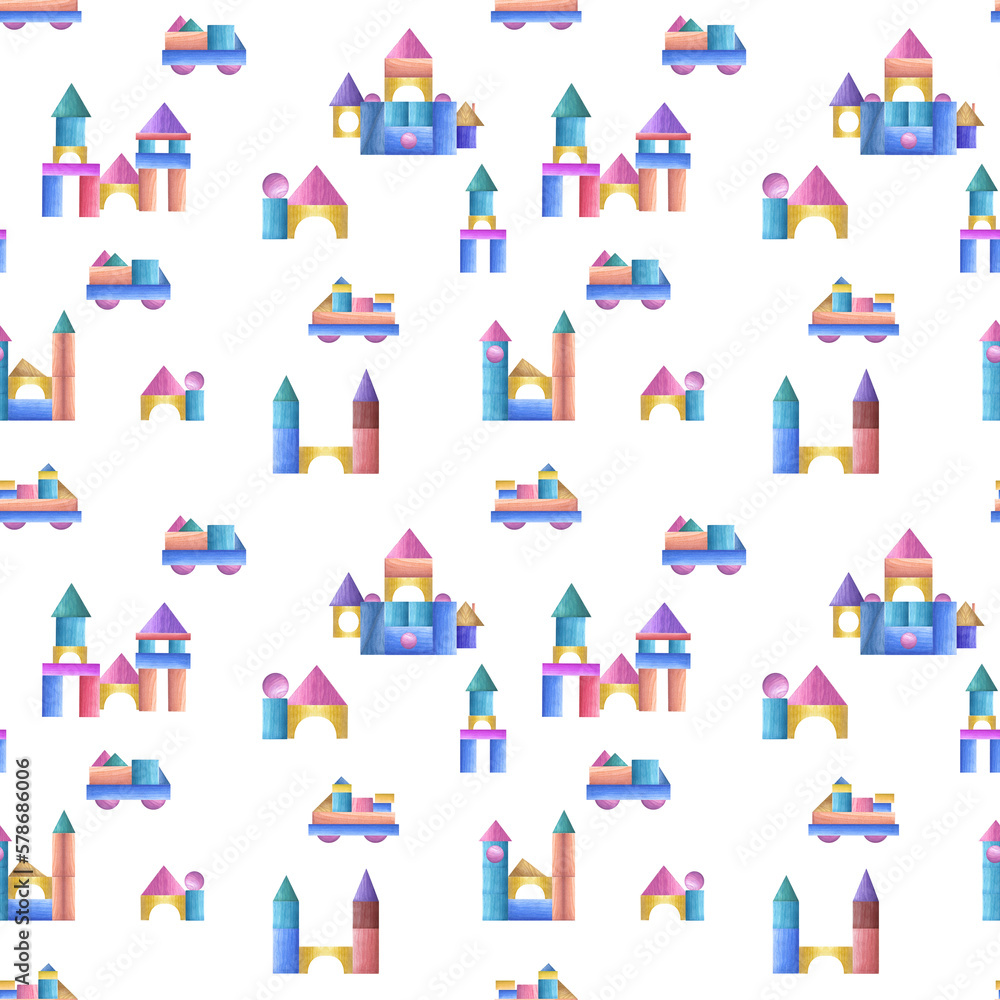 Watercolor seamless pattern of wooden block buildings isolated on white background. Hand painted illustration for children print, poster, decor, wallpaper, wrapping, fabric, textile.