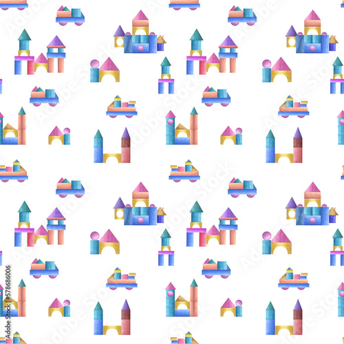 Watercolor seamless pattern of wooden block buildings isolated on white background. Hand painted illustration for children print, poster, decor, wallpaper, wrapping, fabric, textile.