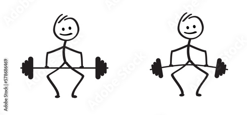 Cartoon sportsman stickman, stick figure man and weightlifting. Weightlift icon or pictogram. Fitness workout. Weightlifter lifts big or heavyweight barbell. Bodybuilding process of squat.