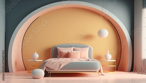 Pastel colors bedroom interior background, created with Generative AI technology.