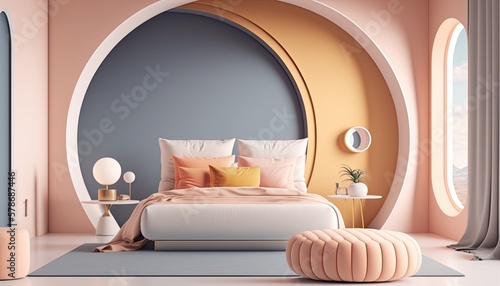 Pastel colors bedroom interior background  created with Generative AI technology.