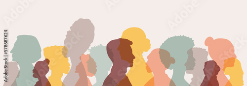 Different people stand side by side together. Flat vector illustration.