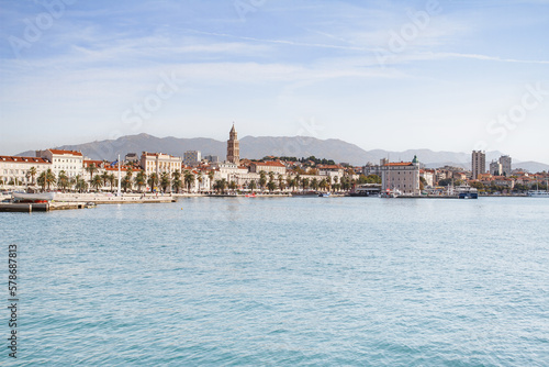 A view of the waterfront of the Croatian city of Split from the sea side in sunny weather.