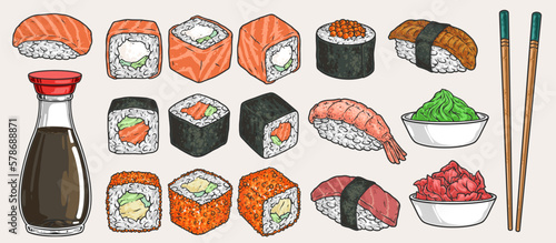 Sushi appetizer emblems set colorful