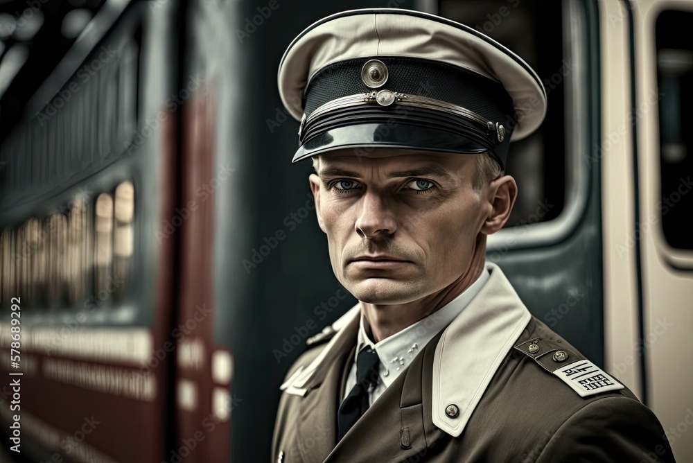 Train driver occupation. Portrait of young professional driver sitting in train cockpit. Ai generative. Train driver occupation. Portrait of young professional driver sitting in train cockpit. Ai generative.