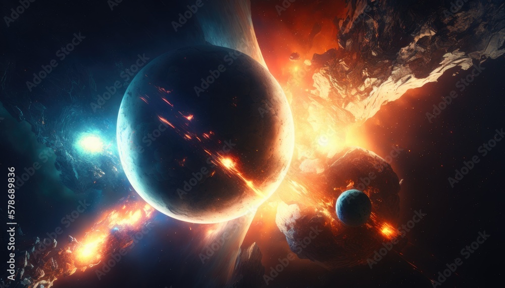 Obraz premium Collision of planets, explosion on a planet in space, created with Generative AI technology.