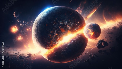 Collision of planets, explosion on a planet in space, created with Generative AI technology.
