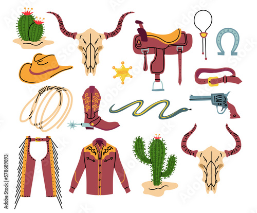 Vector illustration. Cowboy hand drawn doodles set. Horse saddle, sheriff star, lasso rope with skull and cacti plants. Shoes with spurs. Illustration with cowboy hat, protecting pants, shirt and gun