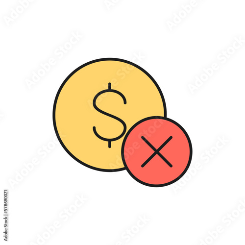 Coin with cross marks, rejected, incorrect color lineal icon. Finance, payment, invest finance symbol design.