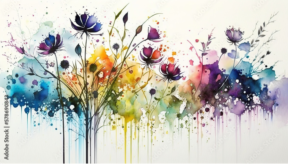 Abstract watercolor background with flowers, Generative AI