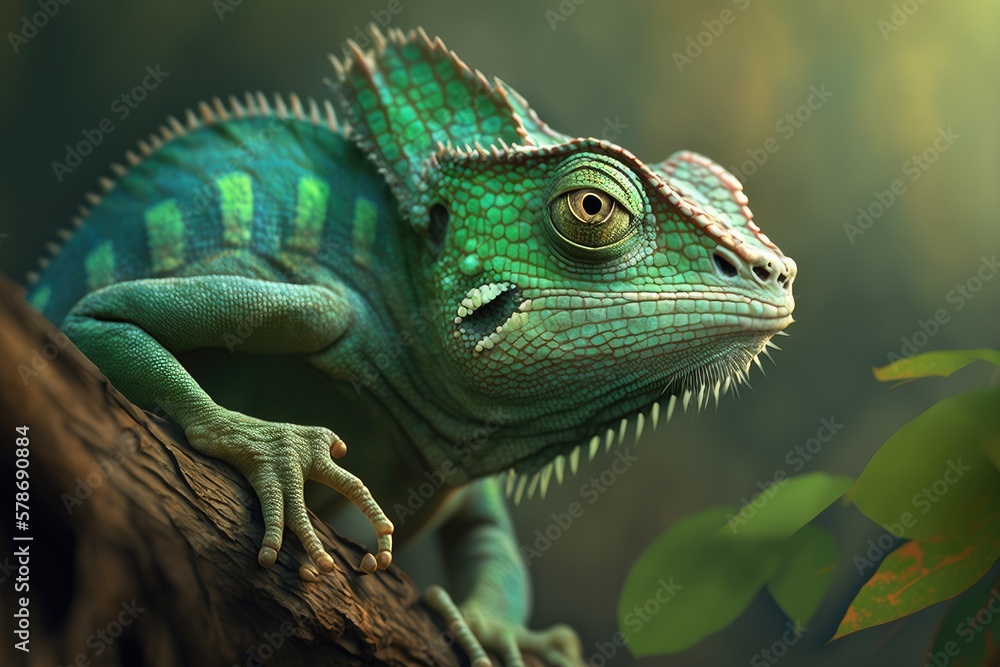 Image green chameleon, stock. Generative AI