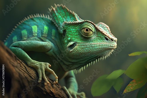 Image green chameleon, stock. Generative AI © 2rogan