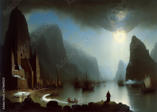 a painting of a castle on top of a mountain, dense volumetric fog, fjords in background, pioneering aesthetic, an epic love affair with doubt photo