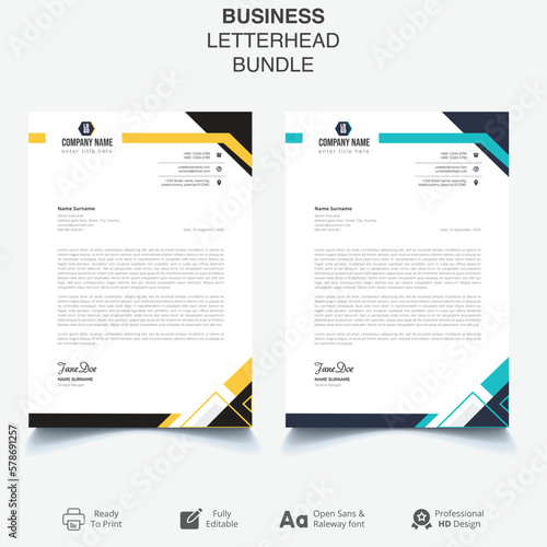 corporate modern letterhead design template with yellow, blue color. creative modern letter head design template for your project. letterhead, letter head, Business