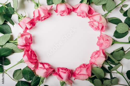 Fototapeta Naklejka Na Ścianę i Meble -  Frame of fresh pink roses in full bloom on white background. Bunch of flowers with negative space for text. Top view, flat lay. Valentine's day or Mother's day card.