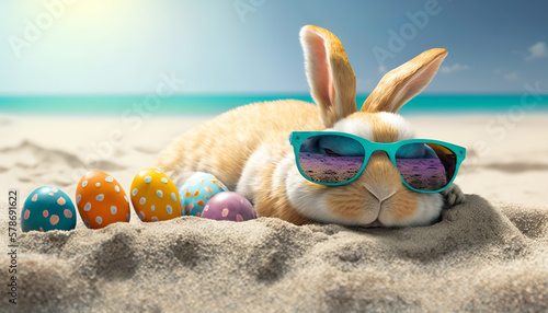 Easter bunny on the beach with easter eggs, Generative AI © AIExplosion