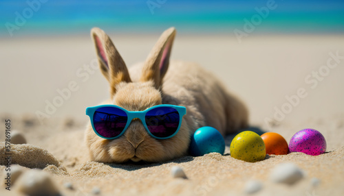 Easter bunny on the beach with easter eggs, Generative AI © AIExplosion