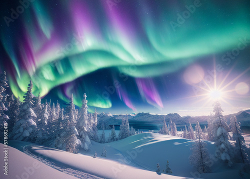 a body of water surrounded by snow covered trees, dramatic aurora borealis, pink and blue colour, skies, at the mountains of madness, dancing lights, sunshine lighting high mountains