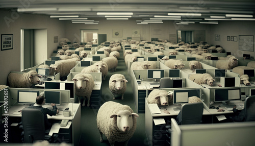 Generative Ai. office full of sheep