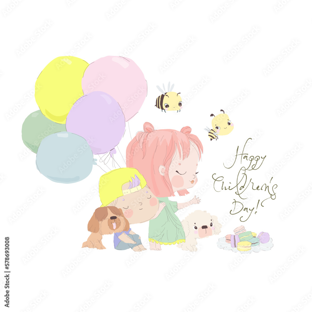 Cute Little Girl with Boy holding Colorful Balloons. Happy Children s Day Cute Little Girl with Boy holding Colorful Balloons. Happy Children s Day