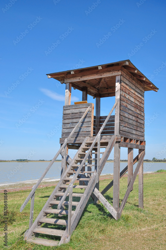 lookout tower at Lange Lacke Salt Lake ,Seewinkel National Park,Neusiedler See, Burgenland ,Austria lookout tower at Lange Lacke Salt Lake ,Seewinkel National Park,Neusiedler See, Burgenland ,Austria