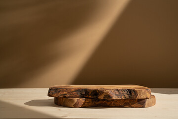 Background for products, food or comsetics. Rustic wood board podium product stage presentation. Front view.	