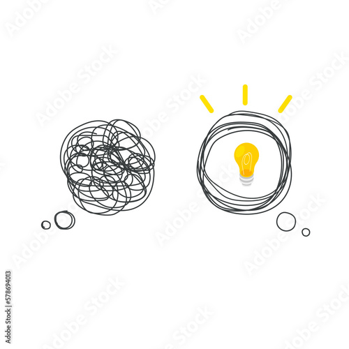 Tangled and untangled bubble. Abstract metaphor of complicated way of thinking and simple way. Business problem solving or difficult situation. Idea concept. Vector illustration isolated.