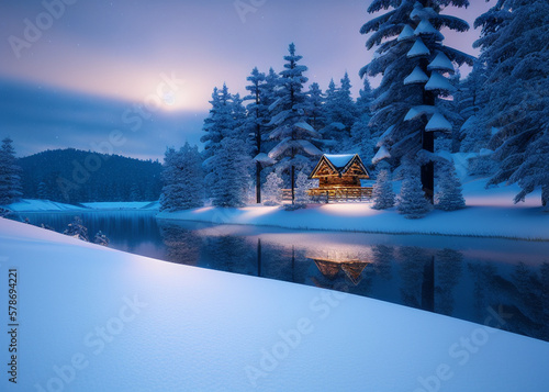 a cabin in the middle of a snowy forest, a cold, wooden houses, snowy, sugar snow