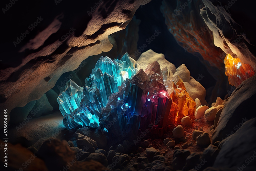 Glowing crystals gather in a dark cave. Generative Ai.