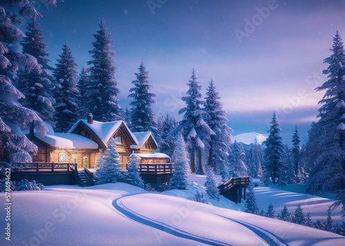 a cabin in the middle of a snowy forest, a cold, wooden houses, snowy, sugar snow © lndstock