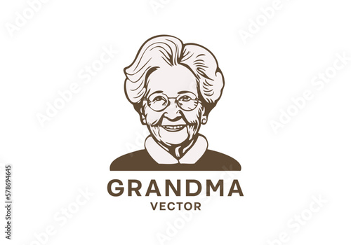 Vector portrait of a smiling cute old lady in round glasses on a white isolated background. Inscription grandma. Logo, sticker or icon.