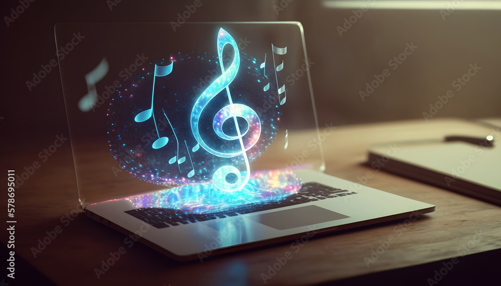 Fototapeta premium abstract music symbol made up of colorful particles floating out of a sleek, modern laptop on a white background, representing the intersection of technology and creativity Generative AI