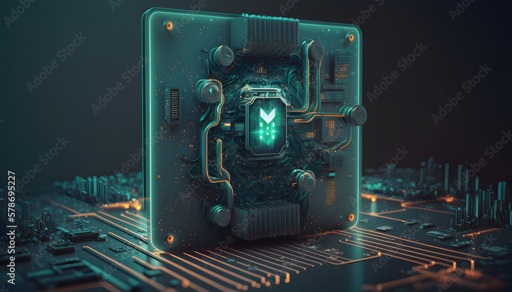 Fototapeta premium An intricate chip embedded within a complex computer circuit board, displaying cutting-edge technology generative ai