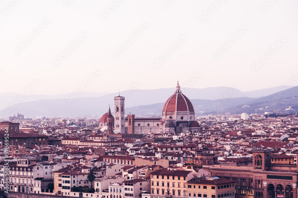 Panoramic view of Florence from Piazzale Michelangelo square. Italian travel destination and landmark, tourist attraction.