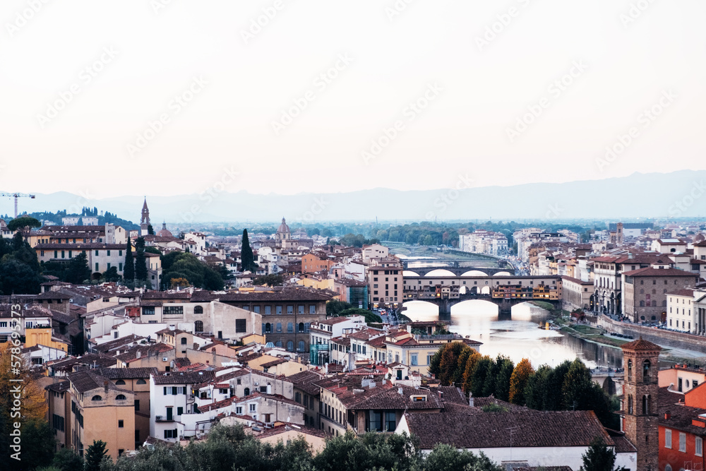 Panoramic view of Florence from Piazzale Michelangelo square. Italian travel destination and landmark, tourist attraction.