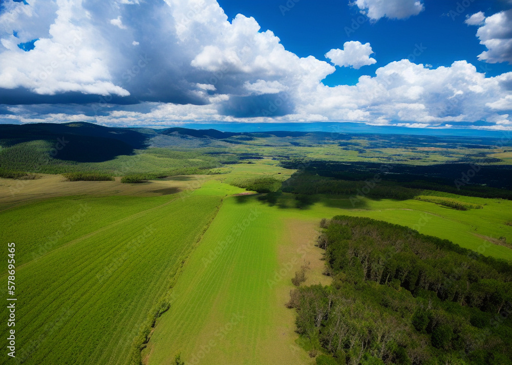 a green field with mountains in the background, prismatic cumulus clouds, boreal forest, widescreen, rocky mountains, without green grass, lush farm lands, test, full width, blue wall