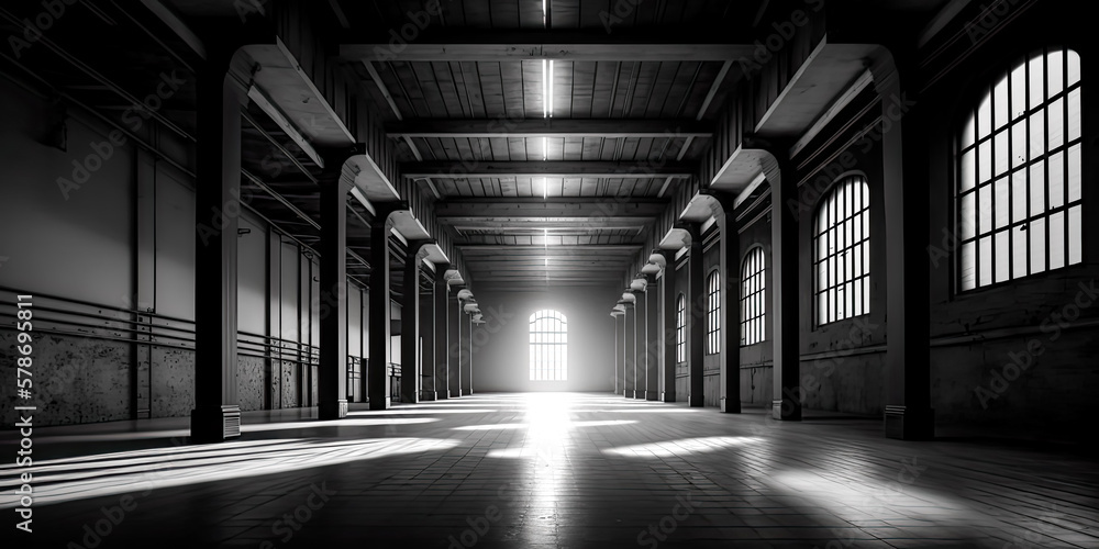 An old storage building inside a warehouse is seen, its grey walls and