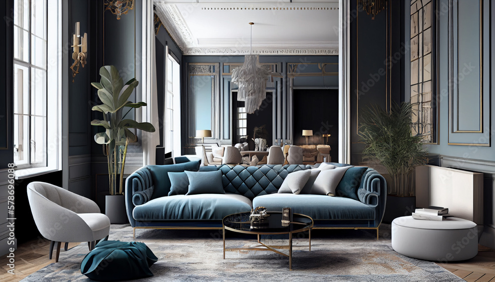 Interior design of a modern and luxurious living room with a plush and ...