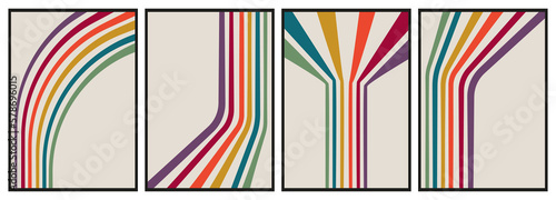 Vector posters. Multicolored stylish stripes on a light background. Abstract style of the 70s. Suitable for home design, postcards, screensavers, posters or textile design.