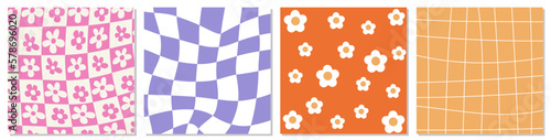 Vector flat illustration. Abstract style. Cool abstract floral patterns and stylish squares or checkerboard. Y2k concept and 70s style. Trendy fun backgrounds for your design, cover and wallpaper.